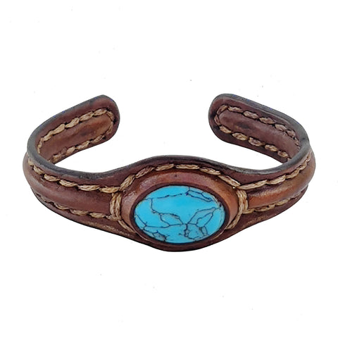 Handcrafted Genuine Vegetal Leather Bracelet with Firuze Stone Setting-Unisex Gift-Unique Fashion Jewelry Cuff-Small