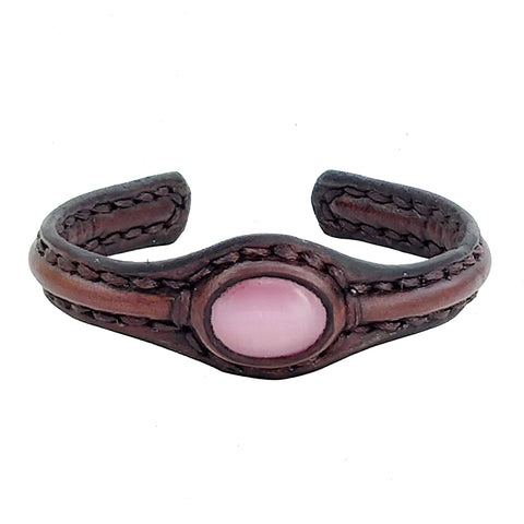 Handcrafted Genuine Brown Vegetal Leather Bracelet with Pink Agate Stone Setting-Unisex Gift-Unique Fashion Jewelry Cuff