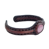 Handcrafted Genuine Brown Vegetal Leather Bracelet with Pink Agate Stone Setting-Unisex Gift-Unique Fashion Jewelry Cuff
