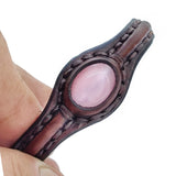 Handcrafted Genuine Brown Vegetal Leather Bracelet with Pink Agate Stone Setting-Unisex Gift-Unique Fashion Jewelry Cuff