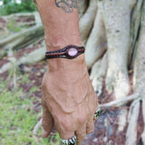 Handcrafted Genuine Brown Vegetal Leather Bracelet with Pink Agate Stone Setting-Unisex Gift-Unique Fashion Jewelry Cuff