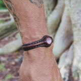 Handcrafted Genuine Brown Vegetal Leather Bracelet with Pink Agate Stone Setting-Unisex Gift-Unique Fashion Jewelry Cuff