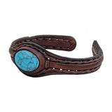 Handcrafted Genuine Vegetal Leather Bracelet with Firuze Stone Setting-Unisex Gift Unique Fashion Jewelry Cuff-Small