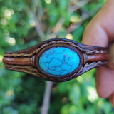 Handcrafted Genuine Vegetal Leather Bracelet with Firuze Stone Setting-Unisex Gift Unique Fashion Jewelry Cuff-Small