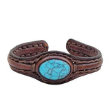 Handcrafted Genuine Vegetal Leather Bracelet with Firuze Stone Setting-Unisex Gift Unique Fashion Jewelry Cuff-Small