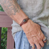 Handcrafted Genuine Brown Vegetal Leather Bracelet with Black Agate Stone Setting-Lifestyle Unisex Gift Fashion Jewelry Cuff