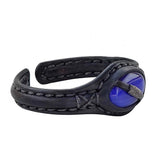 Handcrafted Genuine Black Vegetal Leather Bracelet with Blue Cat Eye Stone Setting-Unisex Gift Fashion Jewelry Cuff