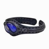 Handcrafted Genuine Black Vegetal Leather Bracelet with Blue Cat Eye Stone Setting-Unisex Gift Fashion Jewelry Cuff