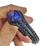 Handcrafted Genuine Black Vegetal Leather Bracelet with Blue Cat Eye Stone Setting-Unisex Gift Fashion Jewelry Cuff