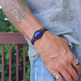 Handcrafted Genuine Black Vegetal Leather Bracelet with Blue Cat Eye Stone Setting-Unisex Gift Fashion Jewelry Cuff