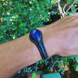 Handcrafted Genuine Black Vegetal Leather Bracelet with Blue Cat Eye Stone Setting-Unisex Gift Fashion Jewelry Cuff