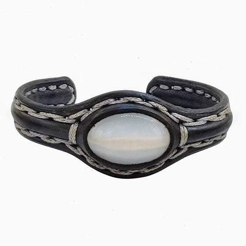 Handcrafted Genuine Vegetal Leather Bracelet with White Cat Eye Stone Setting-Lifestyle Unisex Gif Fashion Jewelry Cuff