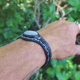 Handcrafted Genuine Vegetal Leather Bracelet with White Cat Eye Stone Setting-Lifestyle Unisex Gif Fashion Jewelry Cuff