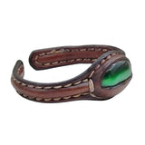 Handcrafted Genuine Brown Vegetal Leather Bracelet with Green Cat Eye Stone Setting-Unique Gift Fashion Jewelry Cuff-Bangle