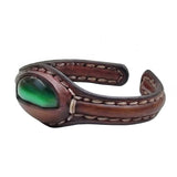 Handcrafted Genuine Brown Vegetal Leather Bracelet with Green Cat Eye Stone Setting-Unique Gift Fashion Jewelry Cuff-Bangle