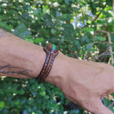 Handcrafted Genuine Brown Vegetal Leather Bracelet with Green Cat Eye Stone Setting-Unique Gift Fashion Jewelry Cuff-Bangle