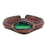 Handcrafted Genuine Brown Vegetal Leather Bracelet with Green Cat Eye Stone Setting-Unique Gift Fashion Jewelry Cuff-Bangle