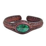 Copy of Handcrafted Genuine Black Vegetal Leather Bracelet with Malachite Stone Setting-Unisex Gift-Fashion Jewelry Cuff