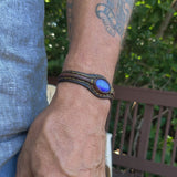 Handcrafted Genuine Brown Vegetal Leather Bracelet with Blue Cat Eye Stone Setting-Unisex Gift Fashion Jewelry Cuff-Bangle