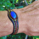 Handcrafted Genuine Brown Vegetal Leather Bracelet with Blue Cat Eye Stone Setting-Unisex Gift Fashion Jewelry Cuff-Bangle