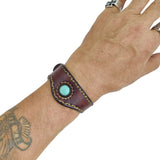 Handcrafted Genuine Brown Vegetal Leather Cuff with Firuze Stone Setting-Lifestyle Unique Gift Fashion Jewelry Bracelet