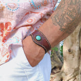 Handcrafted Genuine Brown Vegetal Leather Cuff with Firuze Stone Setting-Lifestyle Unique Gift Fashion Jewelry Bracelet