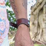 Handcrafted Genuine Brown Vegetal Leather Cuff with Firuze Stone Setting-Lifestyle Unique Gift Fashion Jewelry Bracelet