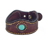 Handcrafted Genuine Brown Vegetal Leather Cuff with Firuze Stone Setting-Lifestyle Unique Gift Fashion Jewelry Bracelet