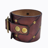 Handcrafted Genuine Brown Vegetal Leather Cuff with Brass Revit's Setting-Lifestyle Unique Gift Fashion Jewelry Bracelet