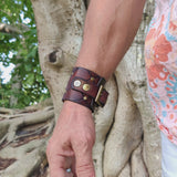 Handcrafted Genuine Brown Vegetal Leather Cuff with Brass Revit's Setting-Lifestyle Unique Gift Fashion Jewelry Bracelet