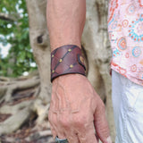 Handcrafted Genuine Brown Vegetal Leather Cuff with Brass Revit's Setting-Lifestyle Unique Gift Fashion Jewelry Bracelet