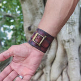 Handcrafted Genuine Brown Vegetal Leather Cuff with Brass Revit's Setting-Lifestyle Unique Gift Fashion Jewelry Bracelet