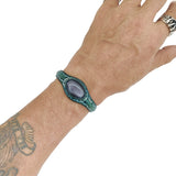 Handcrafted Genuine Green Vegetal Leather Bracelet with Gray Cat Eye Stone Setting-Unisex Gift-Unique Fashion Jewelry Cuff Wristband