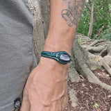 Handcrafted Genuine Green Vegetal Leather Bracelet with Gray Cat Eye Stone Setting-Unisex Gift-Unique Fashion Jewelry Cuff Wristband