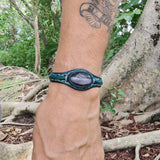 Handcrafted Genuine Green Vegetal Leather Bracelet with Gray Cat Eye Stone Setting-Unisex Gift-Unique Fashion Jewelry Cuff Wristband