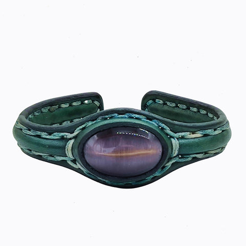 Handcrafted Genuine Green Vegetal Leather Bracelet with Gray Cat Eye Stone Setting-Unisex Gift-Unique Fashion Jewelry Cuff Wristband