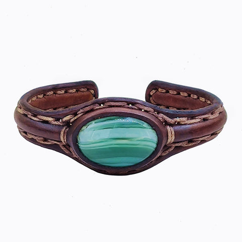 Handcrafted Genuine Brown Leather Bracelet with Green Agate Stone-Unisex Gift Fashion Jewelry with Naturel Stone Cuff Wristband