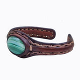 Handcrafted Genuine Brown Leather Bracelet with Green Agate Stone-Unisex Gift Fashion Jewelry with Naturel Stone Cuff Wristband