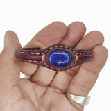 Handcrafted Brown Genuine Vegetal Leather Bracelet with Navy Blue Agate Stone Setting-Unisex Gift Fashion Jewelry Cuff Wristband