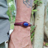 Handcrafted Brown Genuine Vegetal Leather Bracelet with Navy Blue Agate Stone Setting-Unisex Gift Fashion Jewelry Cuff Wristband