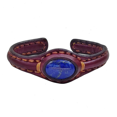 Handcrafted Brown Genuine Vegetal Leather Bracelet with Navy Blue Agate Stone Setting-Unisex Gift Fashion Jewelry Cuff Wristband