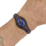 Handcrafted Brown Genuine Vegetal Leather Bracelet with Navy Blue Agate Stone Setting-Unisex Gift Fashion Jewelry Cuff Wristband