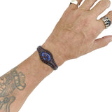 Handcrafted Brown Genuine Vegetal Leather Bracelet with Navy Blue Agate Stone Setting-Unisex Gift Fashion Jewelry Cuff Wristband