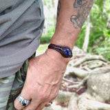 Handcrafted Brown Genuine Vegetal Leather Bracelet with Navy Blue Agate Stone Setting-Unisex Gift Fashion Jewelry Cuff Wristband