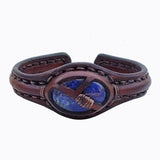 Handcrafted Brown Genuine Vegetal Leather Bracelet with Navy Blue Agate Stone Setting-Unisex Gift Fashion Jewelry Cuff Wristband