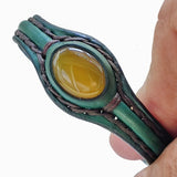 Handcrafted Genuine Green Vegetal Leather Bracelet with Yellow Agate Stone Setting-Unisex Gift Fashion Jewelry Cuff Wristband