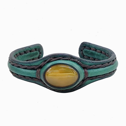 Handcrafted Genuine Green Vegetal Leather Bracelet with Yellow Agate Stone Setting-Unisex Gift Fashion Jewelry Cuff Wristband