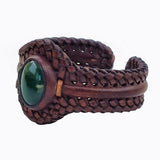 Handcrafted Genuine Brown Leather Braided Bracelet with Green Agate Stone-Unisex Gift Fashion Jewelry with Naturel Stone Cuff Wristband