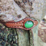 Handcrafted Genuine Brown Vegetal Leather Bracelet with Green Cat Eye Stone Setting-Unique Gift Fashion Jewelry Cuff Wristband