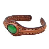 Handcrafted Genuine Brown Vegetal Leather Bracelet with Green Cat Eye Stone Setting-Unique Gift Fashion Jewelry Cuff Wristband